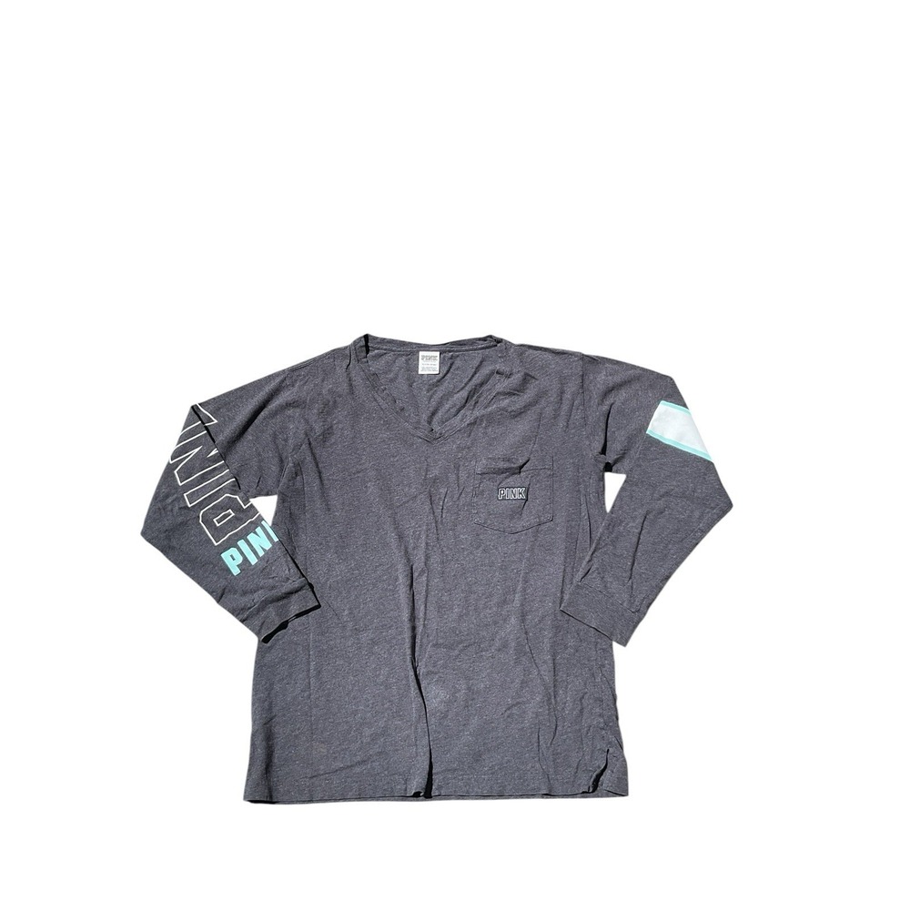 Victoria's Secret Pink Long Sleeve T-Shirt Women's Small V Neck Logo Gray Teal